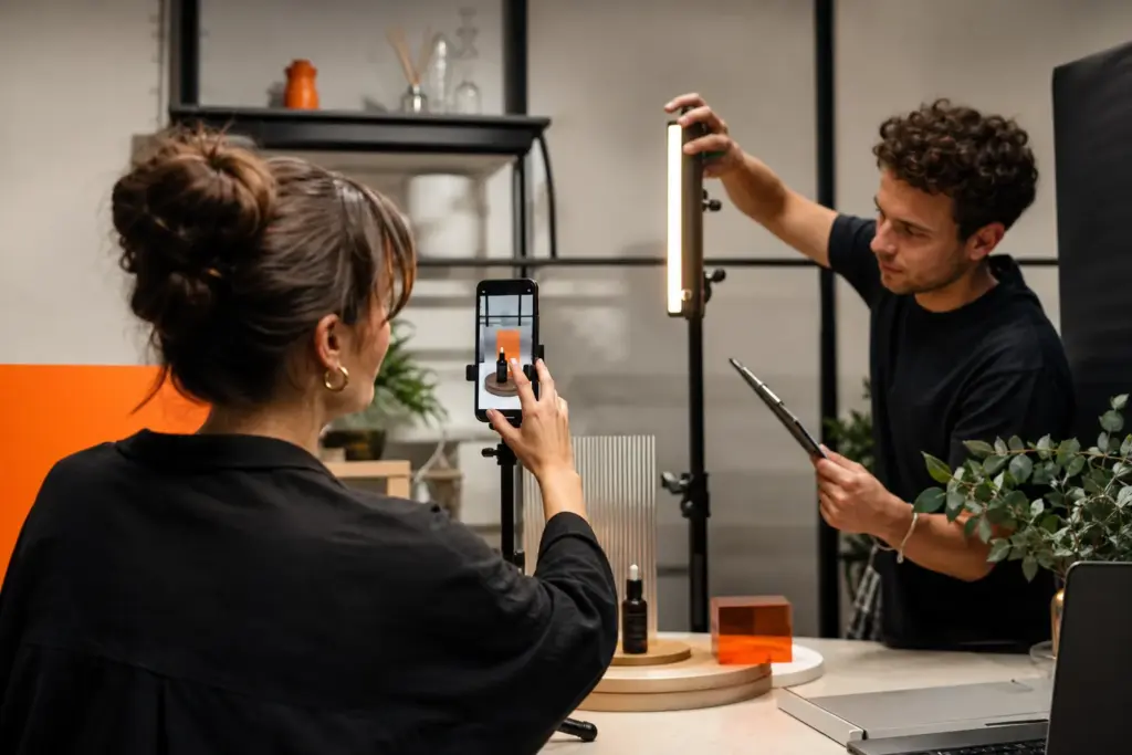 Social media team producing a vertical product story